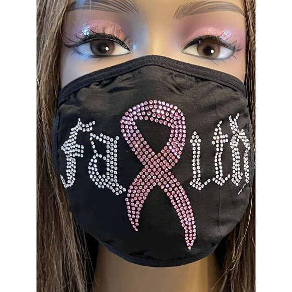 Breast Cancer Awareness Pink Ribbon Bling Face Mask Rhinestone - Picture 7 of 10